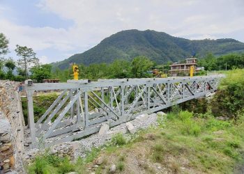 निर्माण सम्पन्न नहुँदै टेको निकाल्दा लच्किएको पुल १७ महिना देखि अलपत्र